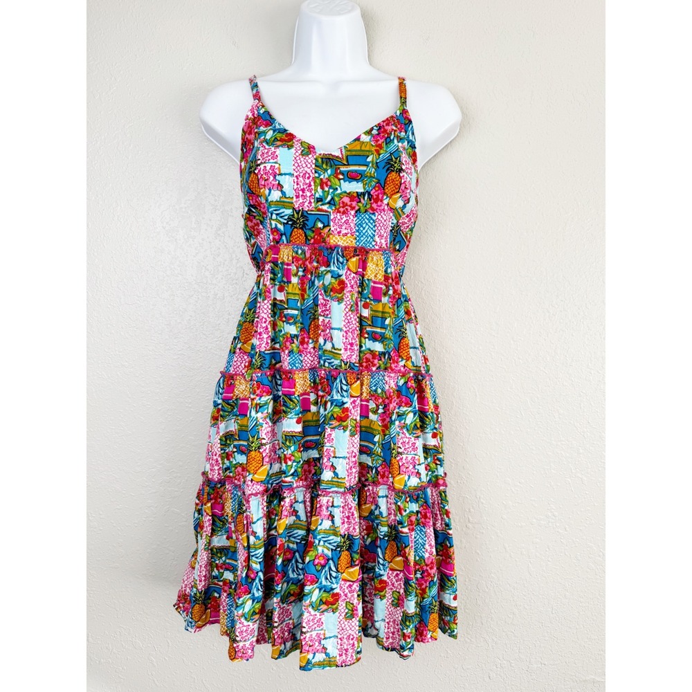 Island Beach Tropical sleeveless Patchwork Tiered Sun mini Dress Blue Pink L